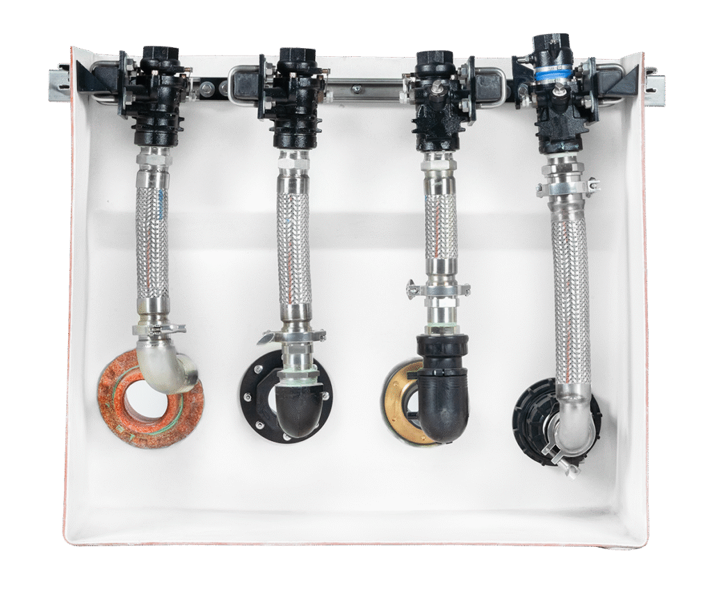 PCI pre-plumbed dispenser sump PCI pre-plumbed dispenser sump interior view featuring high-quality stainless-steel braided flex connectors, ball valves, and a variety of penetration fittings for reliable, factory-assembled containment and fuel dispensing solutions.